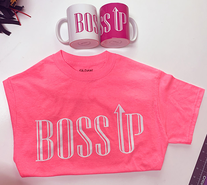 Boss Up logo on a t-shirt and mugs.